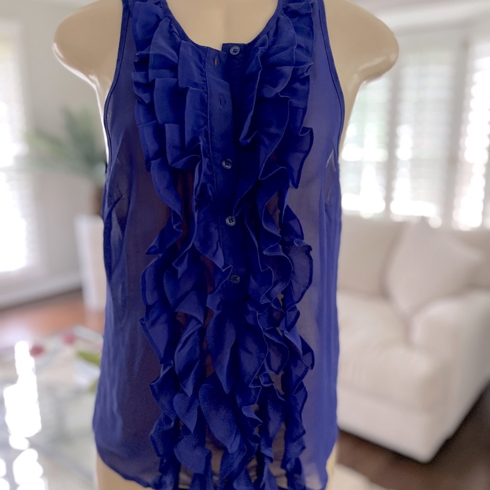 Sheer purple ruffled sleeveless blouse.